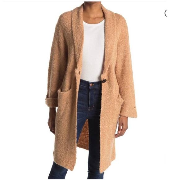 Lush Shawl Lapel Long Cardigan in Camel Long Sleeve Pockets Size Small - Picture 1 of 10